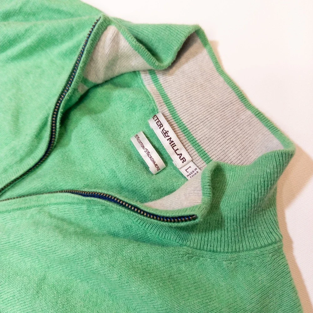 Peter Millar Sweater Vest Mens L Green Good Cotton Cashmere Quarter Zip Golf